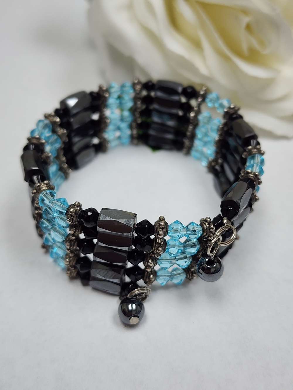 Y2K Black and Aqua Beaded Magnetic Hematite Wrap Bracelet or Necklace